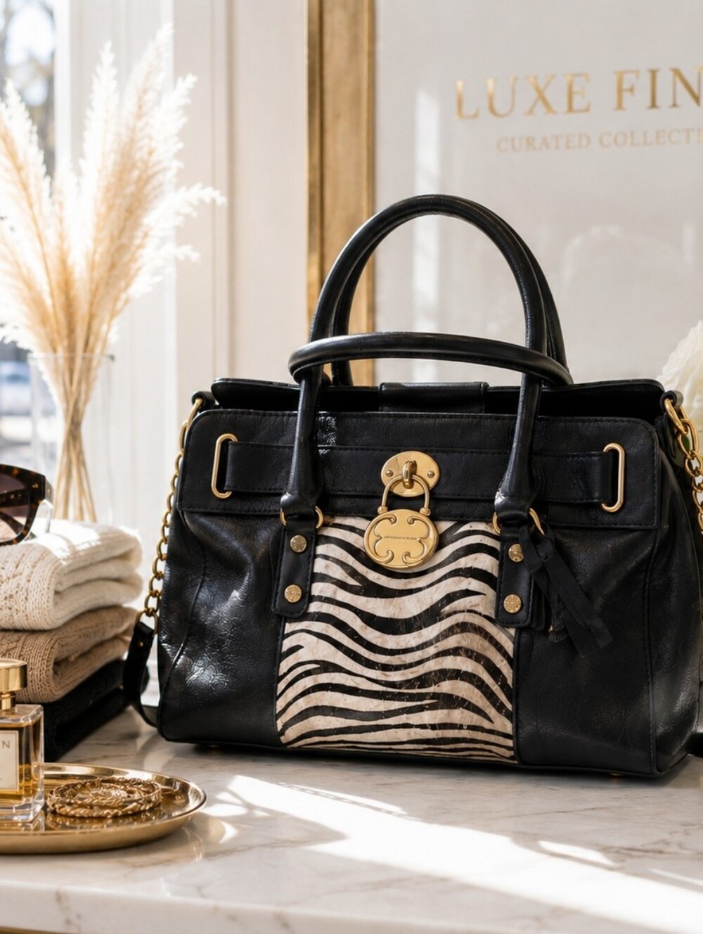 Emma Fox Zebra Print Leather Satchel Gold Hardware Quiet Luxury Shoulder Bag